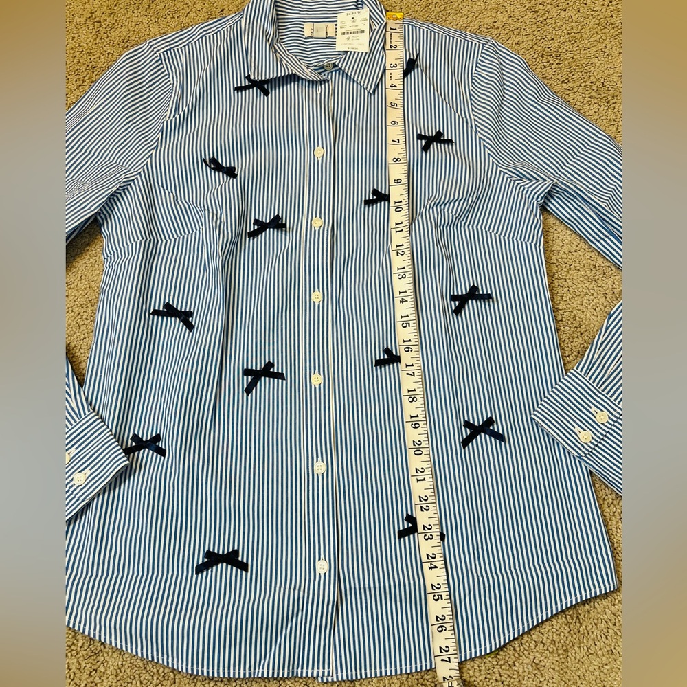 NWT! J. Crew Navy Striped Bow Button-Up Shirt in Color Banker Stripe Size Medium - Picture 6 of 8